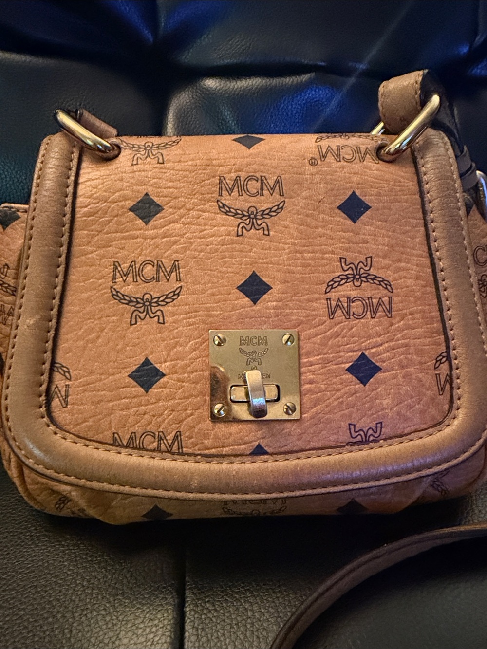 MCM Brown Visetos Logo Crossbody with Gold Hardware